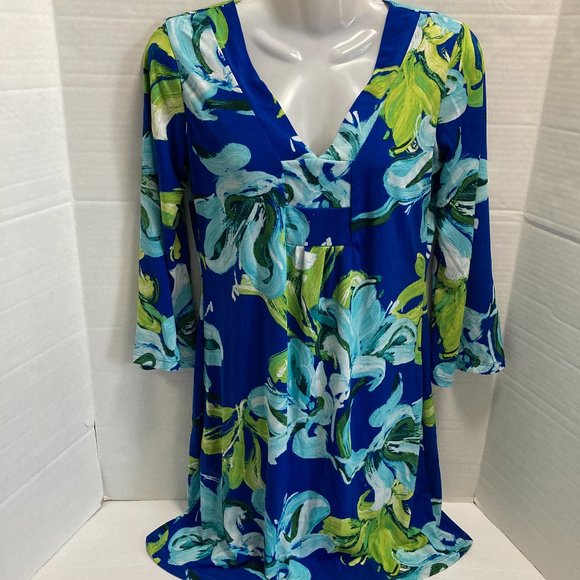 Jean-Pierre Klifa Dresses & Skirts - Jean-Pierre Klifa Paris Floral A-line Mini Dress V-neck Blue Medium Made in USA